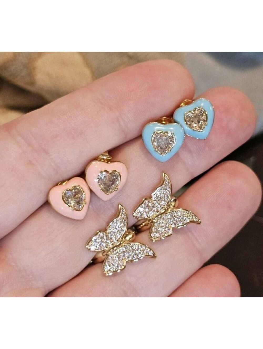 NWOT Lot of 3 Earrings Gold-plated Butterfly Huggies Pink Blue CZ Heart Studs